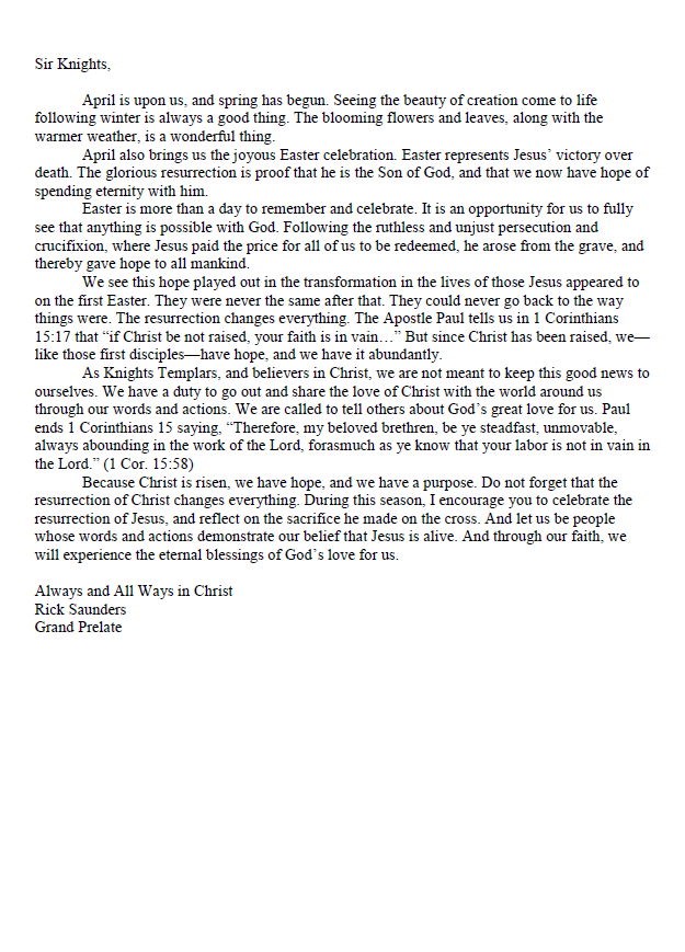 Devotions Grand Commandery of Knights Templar of Virginia