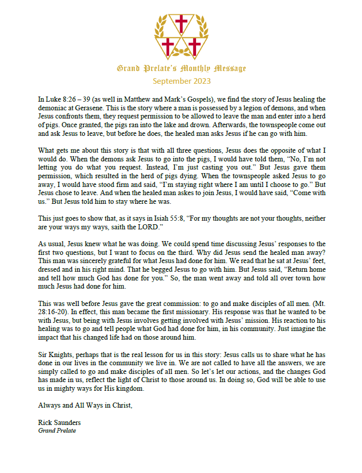 Devotions Grand Commandery of Knights Templar of Virginia